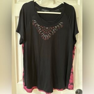 B.L.E.U. Women's 2X Top Short Sleeve Black/Pink Floral Studding Detail
